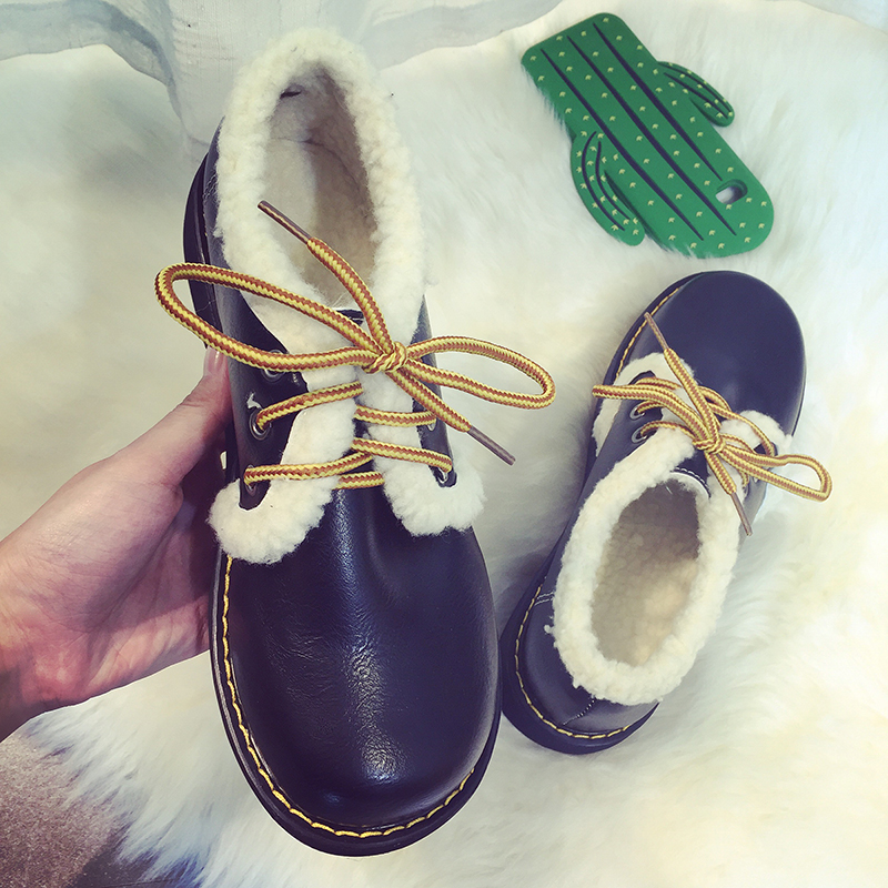 日系新款冬季軟妹松糕娃娃厚底女鞋加絨低幫女小皮保暖棉鞋